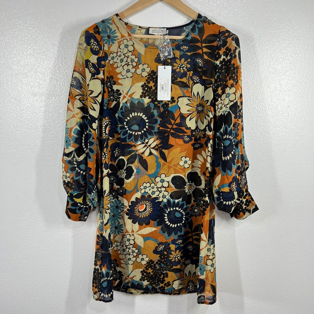 Molly Bracken Floral Print Mini‎ Dress Long Sleeve Sheer Chiffon Boho Small Chic
